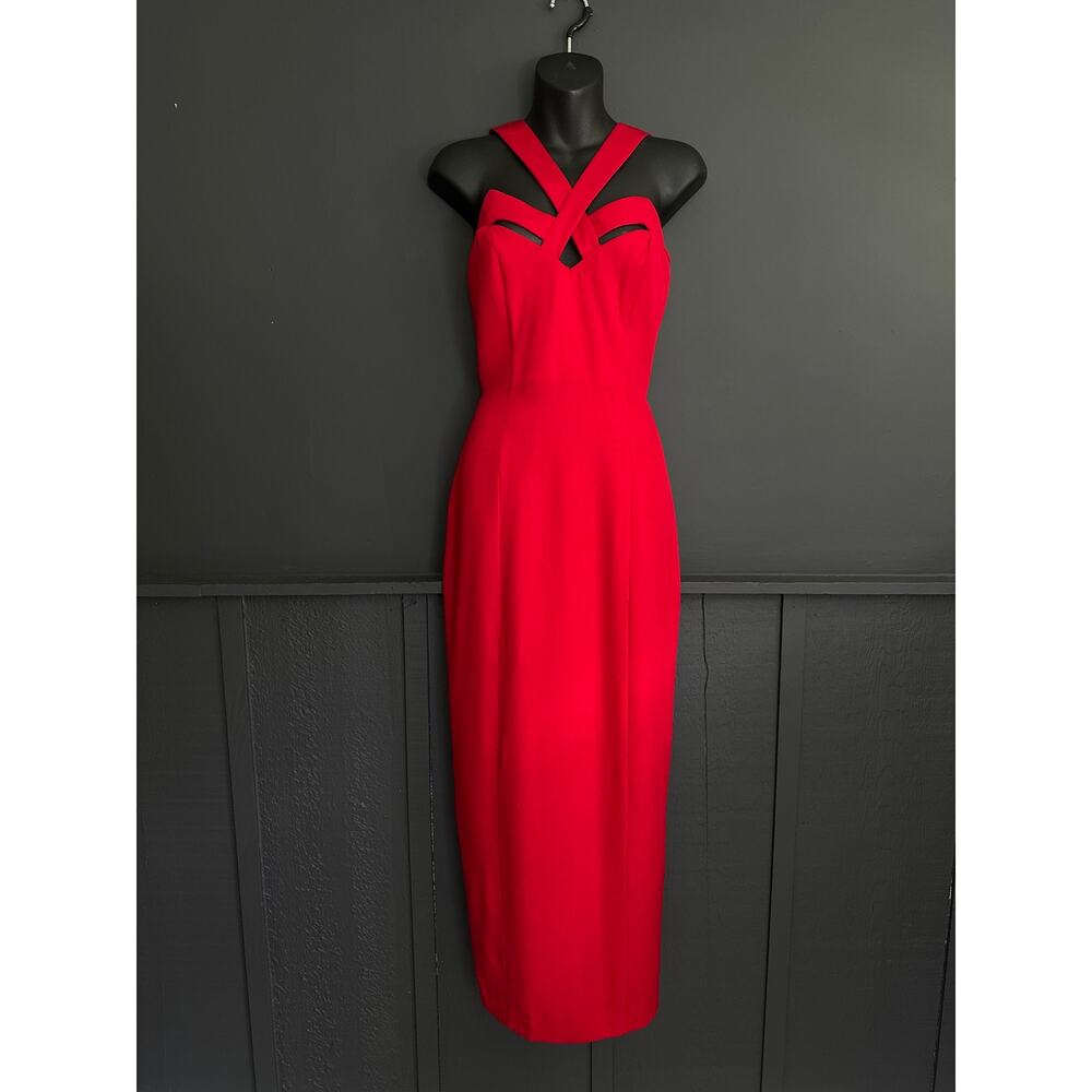 Vintage 1990s Red Cutout Sweetheart Neckline Formal Sheath Dress Datiani Size 6